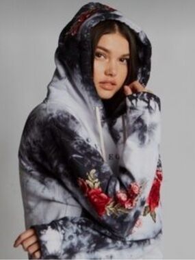 CIVIL REGIME BLACK MARBLE HOODIE WITH FLORAL APPLIQUÉ SIZE MEDIUM